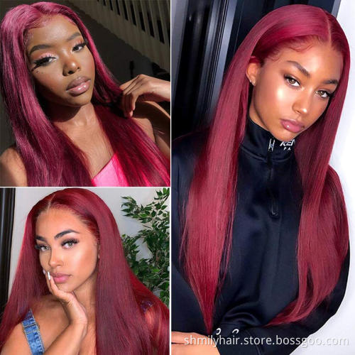Wholesale 13x4 Human Hair Lace Front Wig Straight Virgin Hair Brazilian Cuticle Aligned Hair Wig 99j Lace Wig 150% Density
